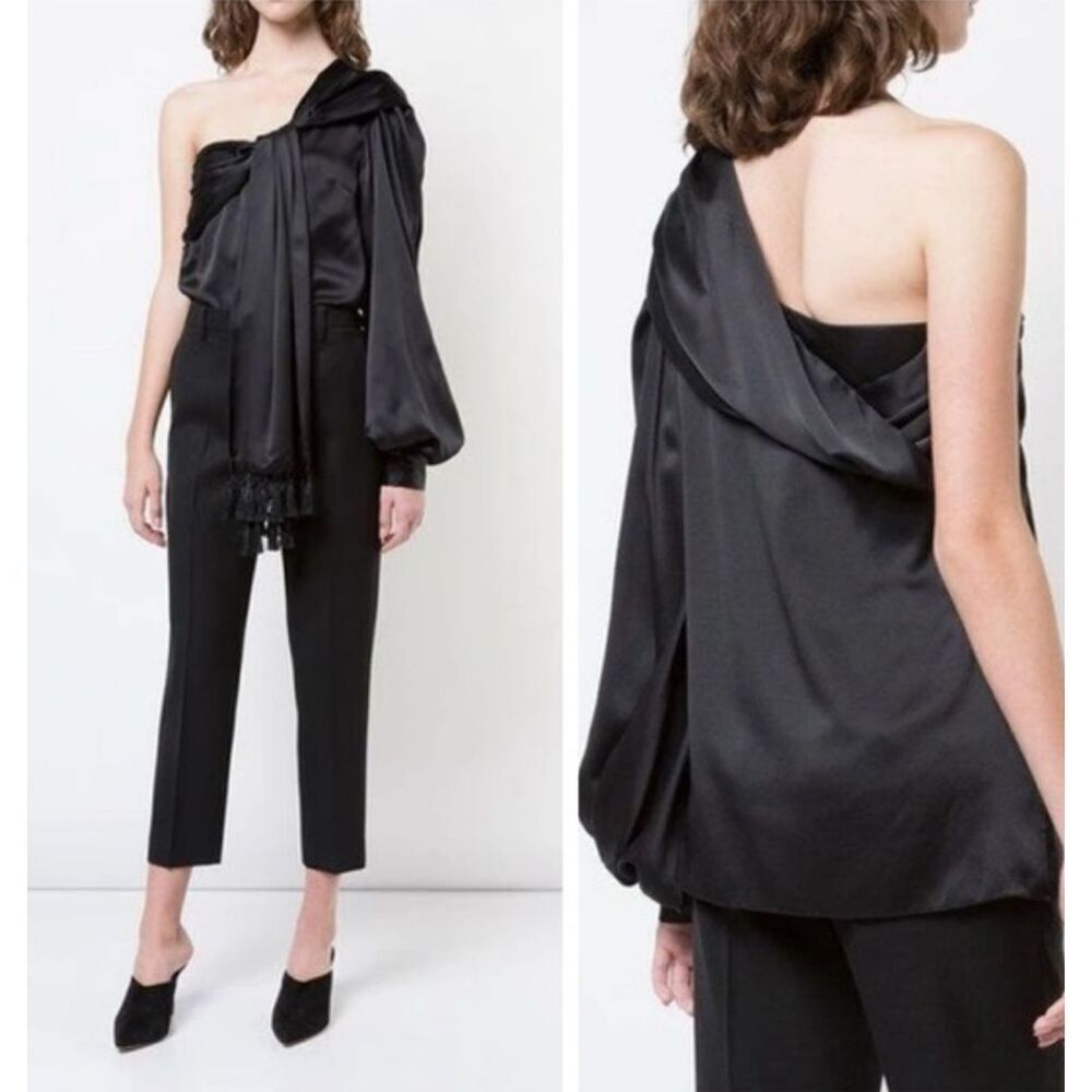 Sachin + Babi One Shoulder Silk Tassel Blouse Black Top